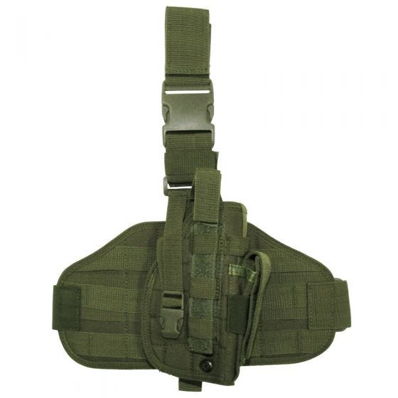 Funda de pistola para pierna MFH Tactical con sistema MOLLE en verde oliva