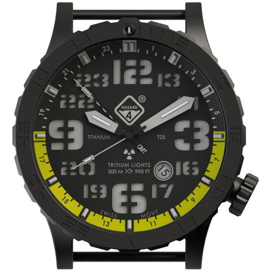 Reloj de titanio con tritio Hazard 4 Heavy Water Diver con manecilla GMT en Nightwatch Yellow y detalles en verde y amarillo