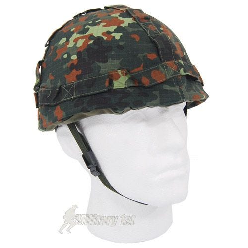 Casco de plástico MFH con funda de tela de camuflaje en Flecktarn