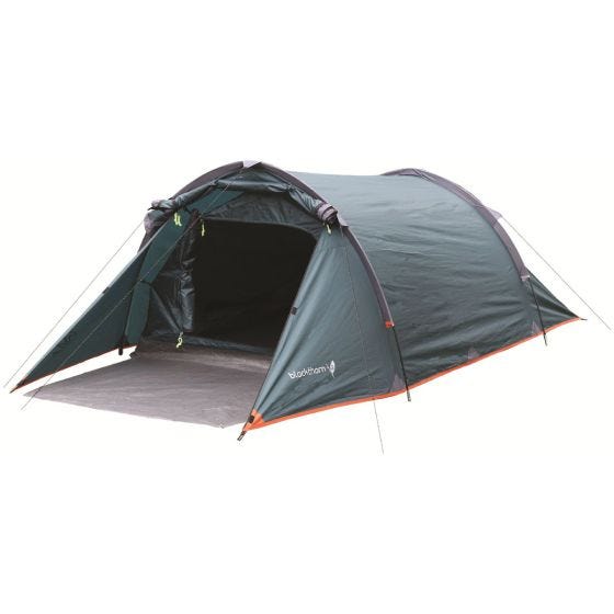 Tienda de campaña Highlander Blackthorn 2 exterior en verde y costuras en naranja