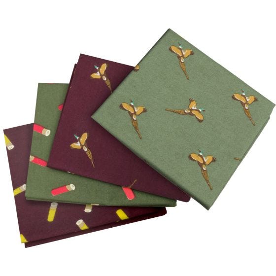Pack de 4 pañuelos de bolsillo Jack Pyke con diseño de faisanes en Wine / verde