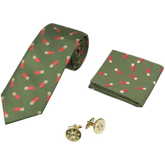 Pack regalo Jack Pyke con corbata, pañuelo y gemelos con diseño de cartuchos en verde