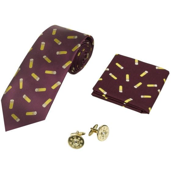 Pack regalo Jack Pyke con corbata, pañuelo y gemelos con diseño de cartuchos en Wine