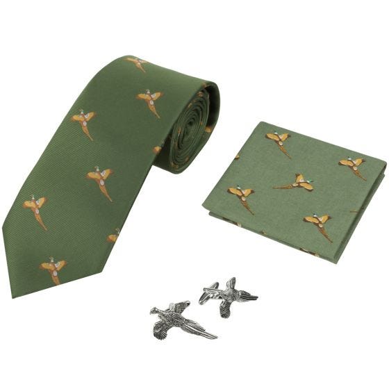 Pack regalo Jack Pyke con corbata, pañuelo y gemelos con diseño de faisanes en verde