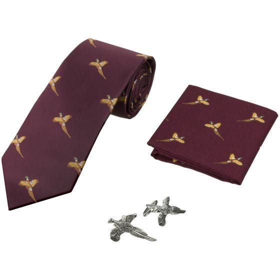 Pack regalo Jack Pyke con corbata, pañuelo y gemelos con diseño de faisanes en Wine