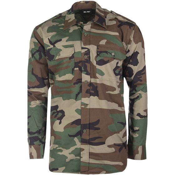 Camisa de manga larga Mil-Tec de tejido RipStop en Woodland